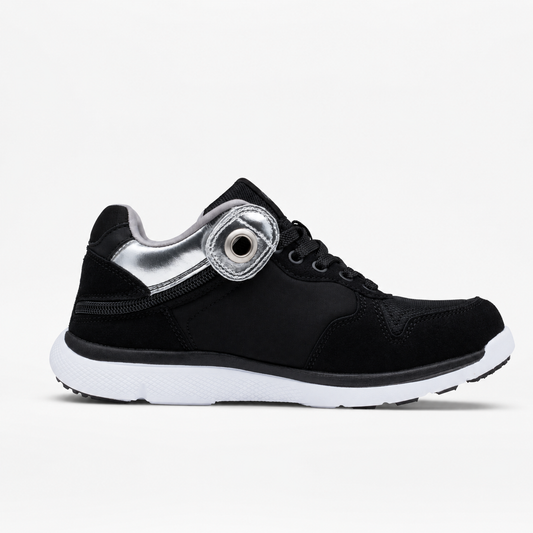 Black sneaker with a silver accent on a white background