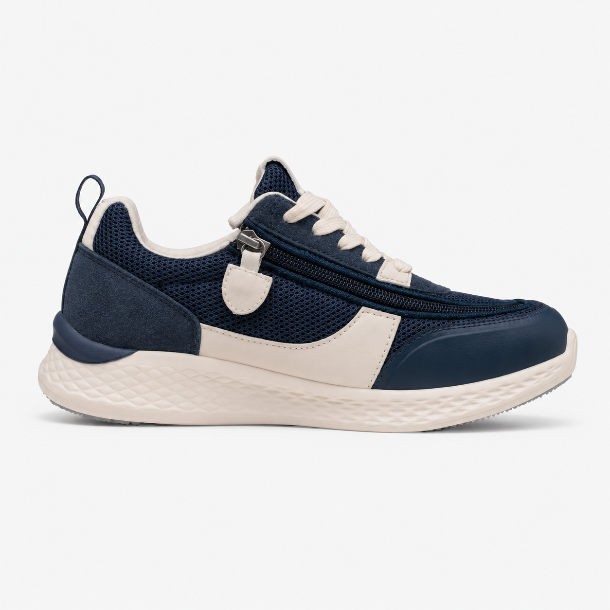 Navy and white sneaker with a zipper on a light gray background
