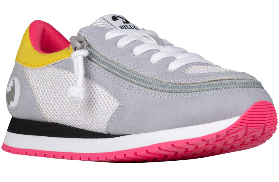 Grey/Pink BILLY Joggers shoe with innovative full-wrap zipper, adjustable laces, and comfortable insole, designed for easy wear and style.