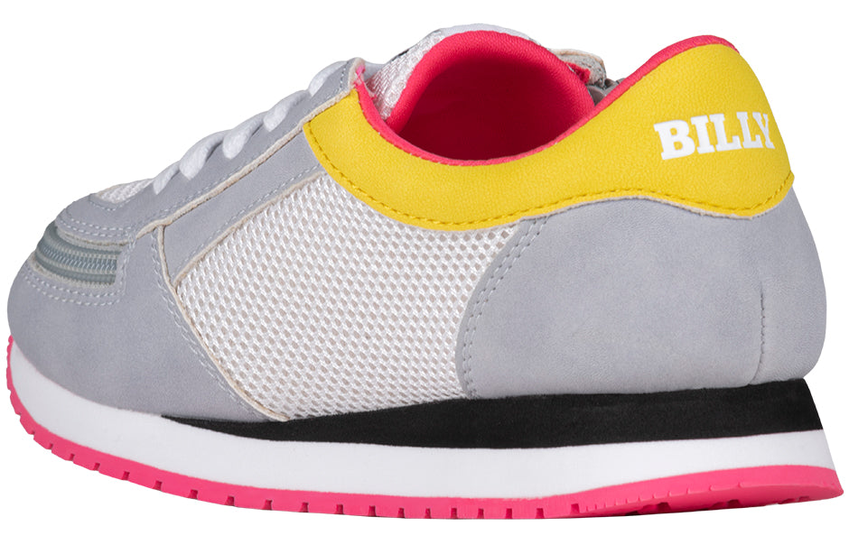Grey/Pink BILLY Joggers feature a unique full-wrap zipper, adjustable laces, and a comfortable insole, designed for easy wear and all-day comfort.