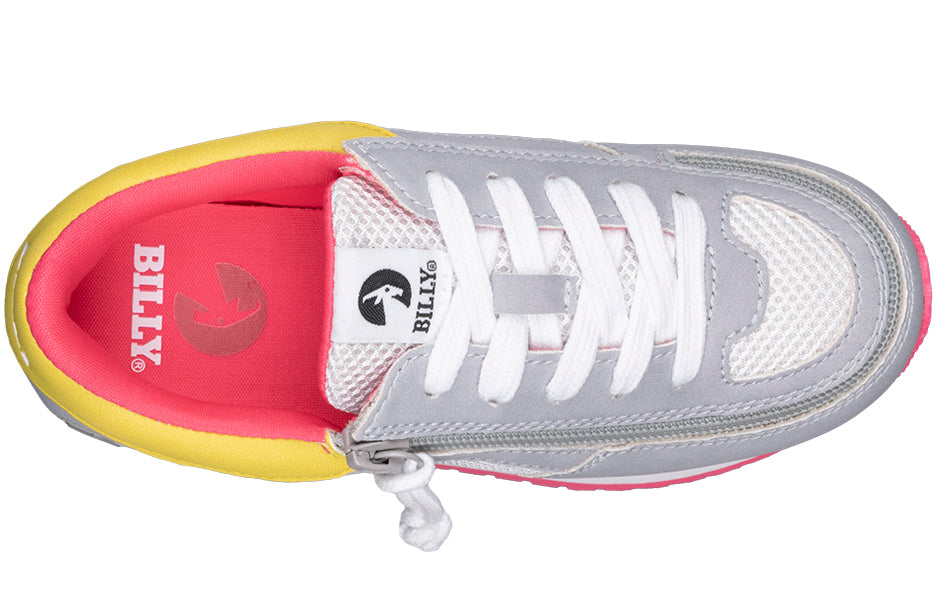 Close-up of Grey/Pink BILLY Joggers sneaker, featuring a full-wrap zipper for easy access and adjustable cotton-blend laces, designed for kids' comfort and style.