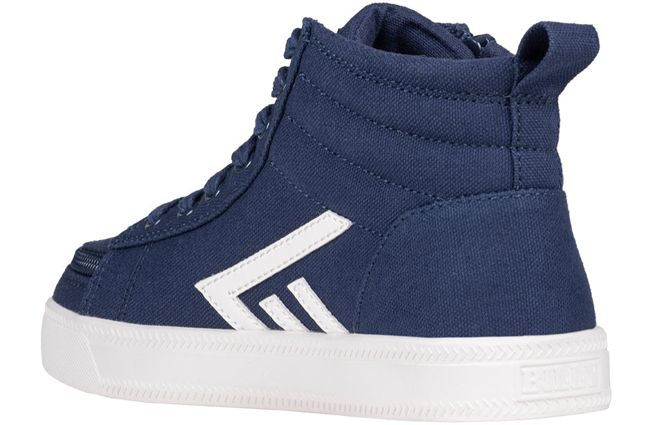 Billy Footwear (Mens) Navy/White CS Canvas Shoes, featuring a close-up of high-top sneakers with functional laces, wraparound zipper, and durable, flexible outsoles for ease and comfort.