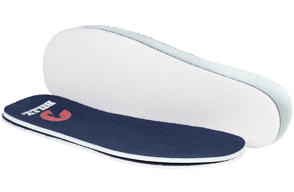 Removable navy-blue insoles for Kids - Navy/White BILLY CS Sneaker High Tops, featuring cushioning foam and BILLY branding for customizable comfort.