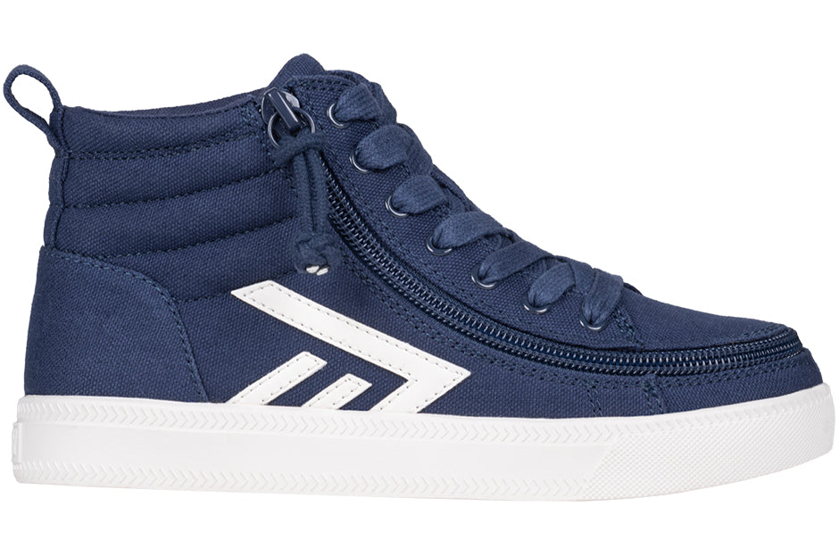 Kids - Navy/White BILLY CS Sneaker High Tops: Navy-blue canvas high-top sneaker with a side zipper, white sole, and chevron logo, designed for easy wear and custom fit.