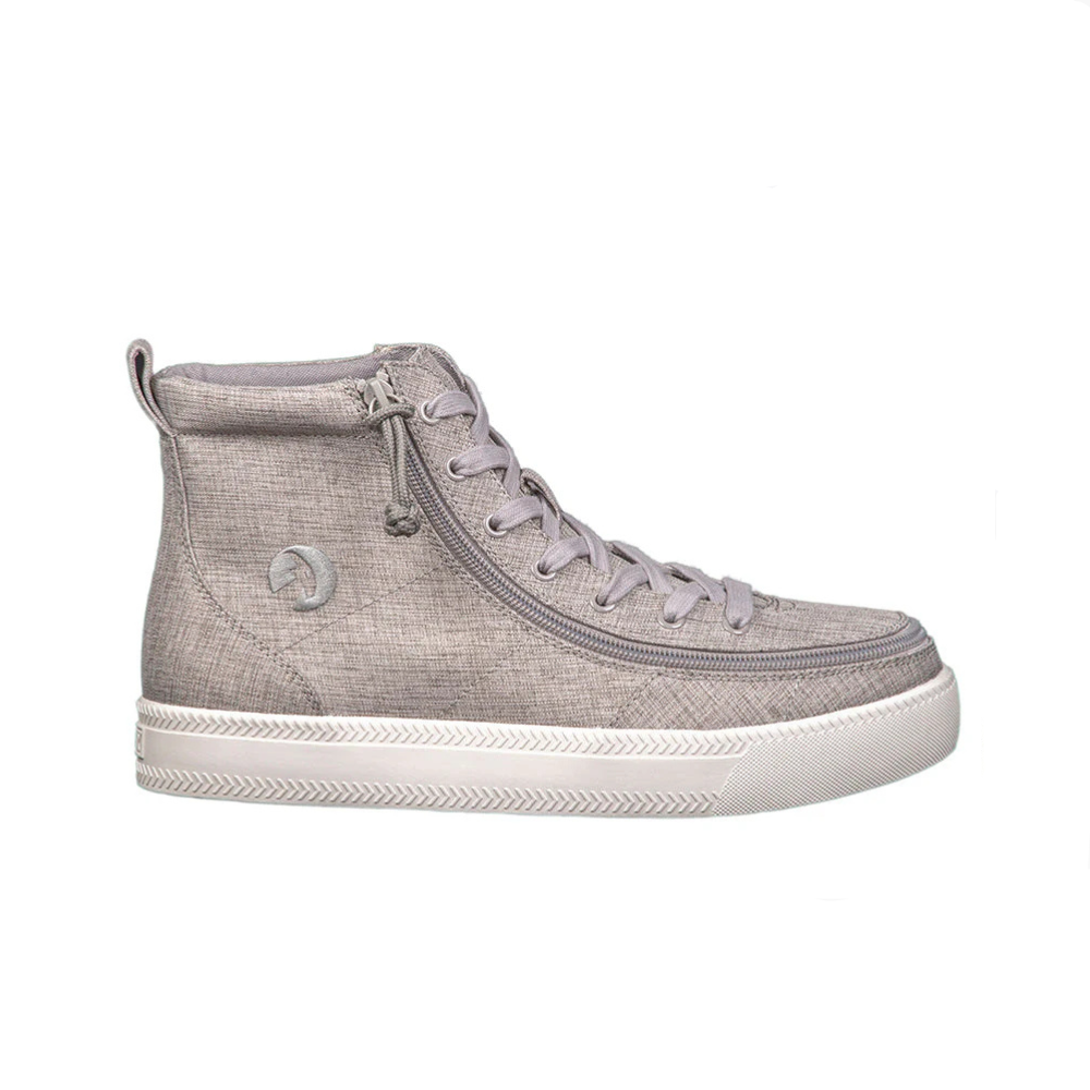 Grey high-top sneaker with white sole, featuring wrap-around zipper closure and flexible outsoles, ideal for easy wear. Part of Billy Footwear's adaptive collection.
