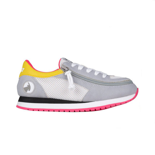 Grey/Pink BILLY Joggers sneaker with a full-wrap zipper, visible faux suede upper, and adjustable laces, designed for easy wear and comfort.